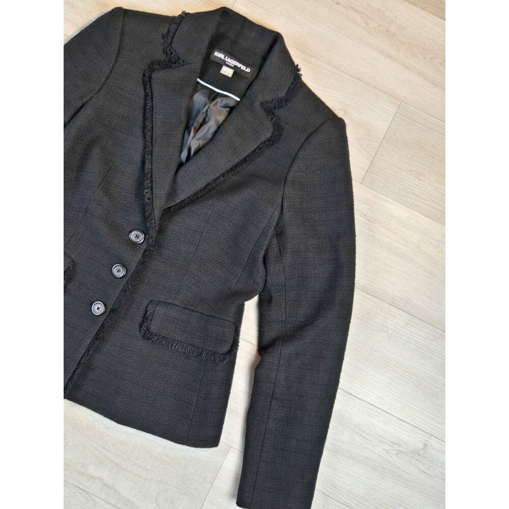 Karl Lagerfeld Paris Womens Size 4 Black Tweed 3 Button Fringe Jacket Blazer